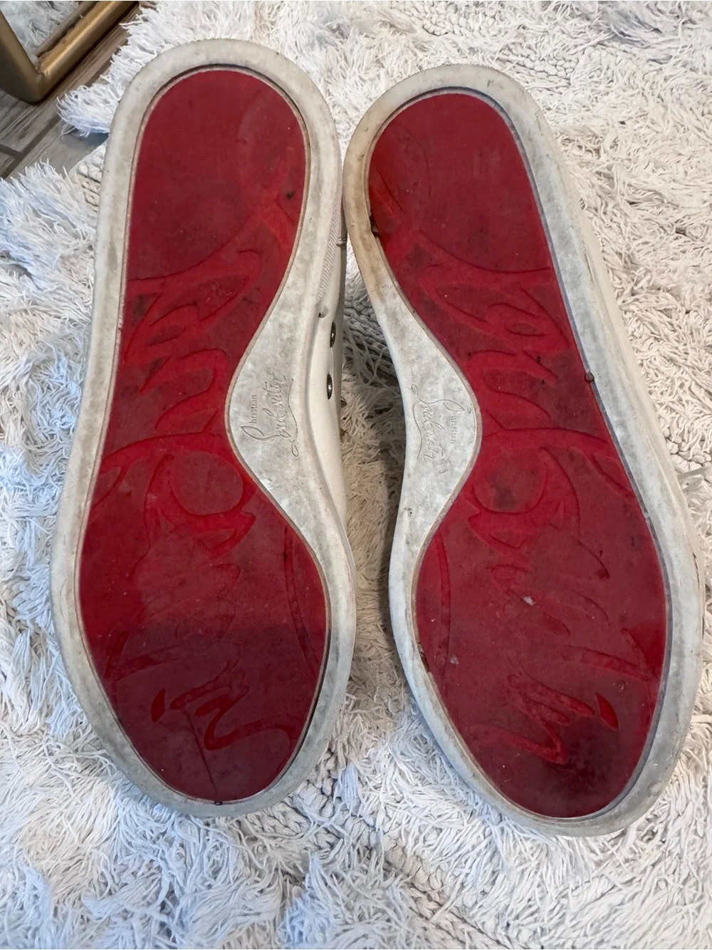 Christian Louboutin White Leather Slip-On Spike Sneakers with Navy & Red Tongue